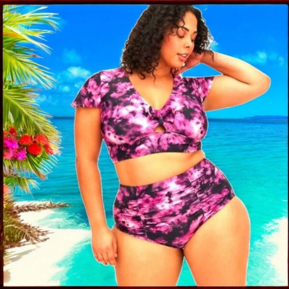 Torrid Plus Size Tie Dye Fuchsia & Black High Waist Ruched Two Piece SwimSuit3X - Picture 1 of 15